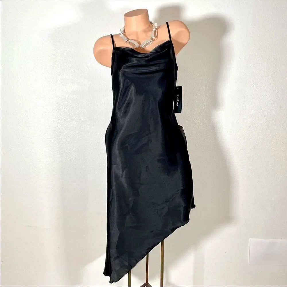 NWT Bebe Black Satin Cowl Neck Classy Sexy Maxi Midi Asymmetric Sateen Dress New